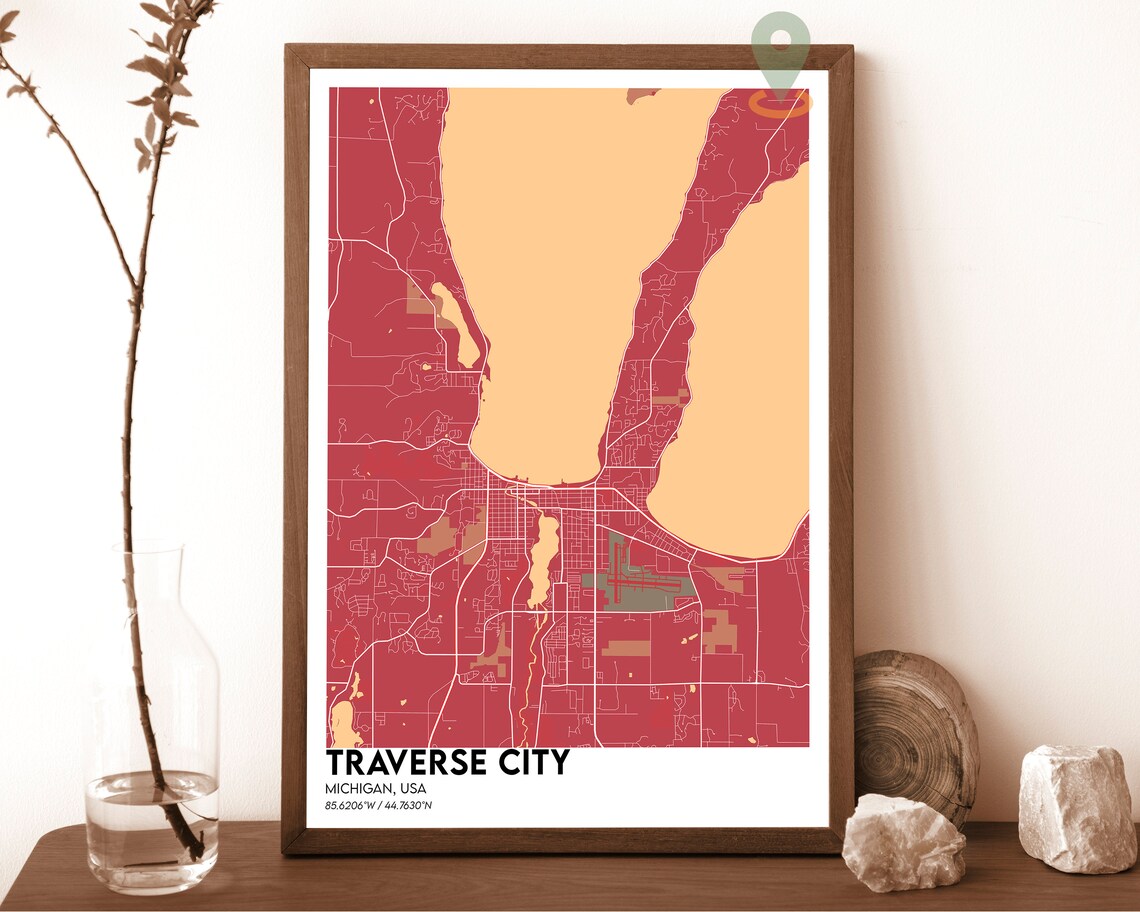 Traverse City Michigan Pink And Navy Street Map Modern City Art Poster - Image 3