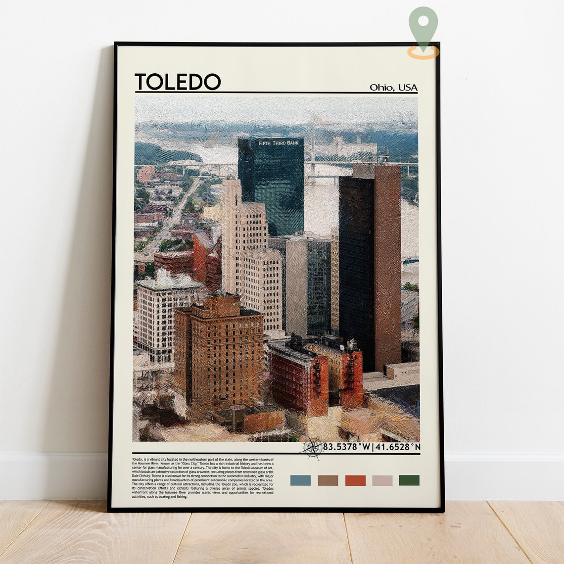 Toledo Ohio Downtown Skyline River View Painterly Art Poster - Image 2