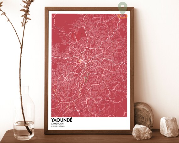Yaounde Cameroon Striking Rose Red Modern City Map Art Poster