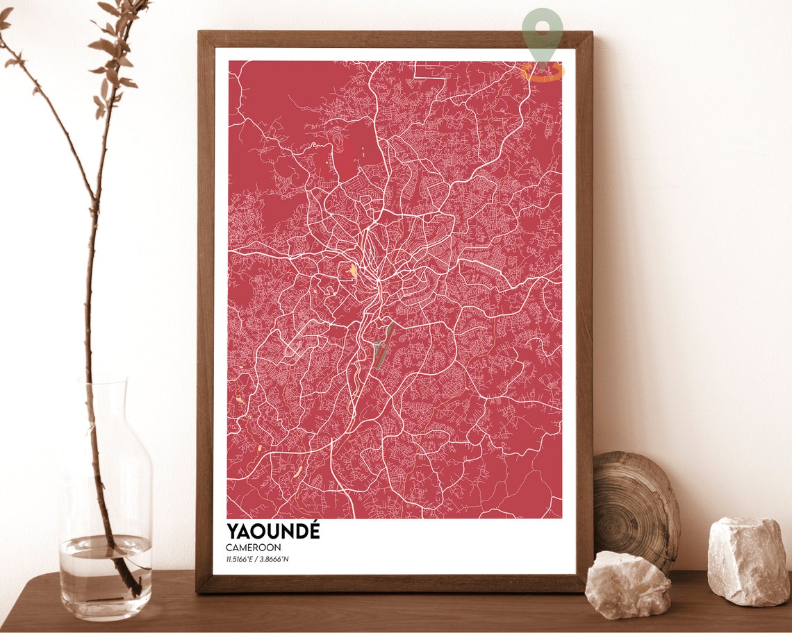 Yaounde Cameroon Striking Rose Red Modern City Map Art Poster