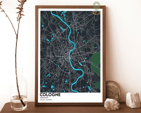 Cologne Germany Rhine City Street Map Modern Art Print for Rhine River Fans