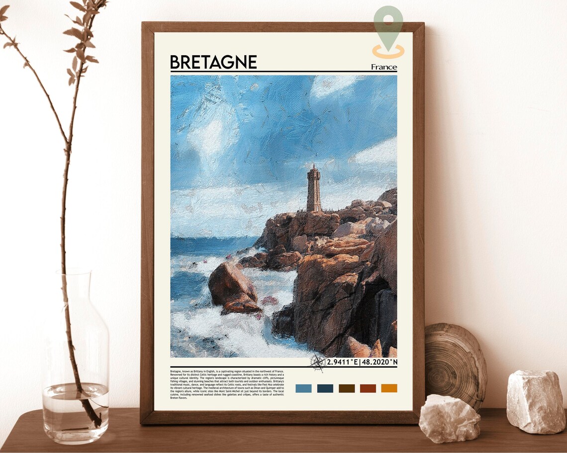 Bretagne France Brittany Lighthouse Rocky Coast Painting Travel Poster