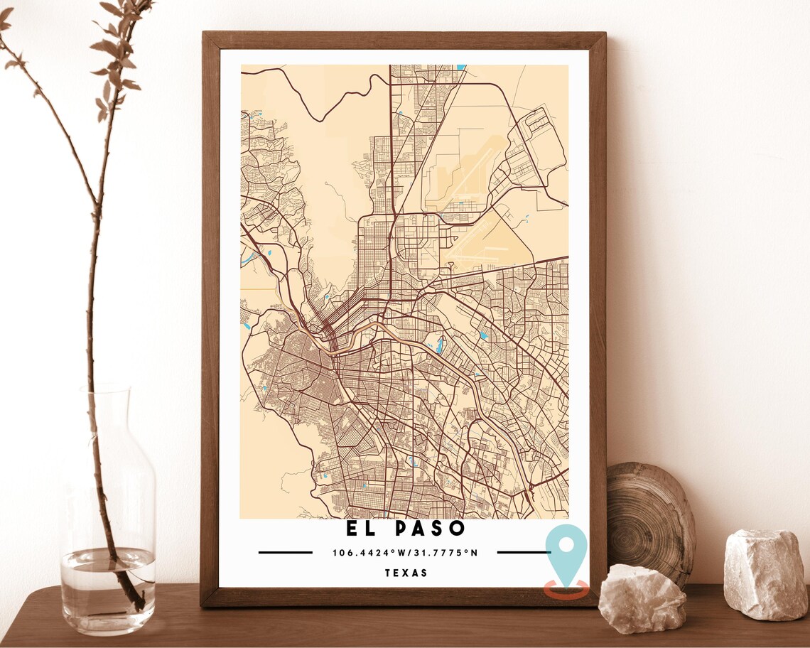 El Paso Texas Cream Copper City Street Map Coordinates Travel Poster