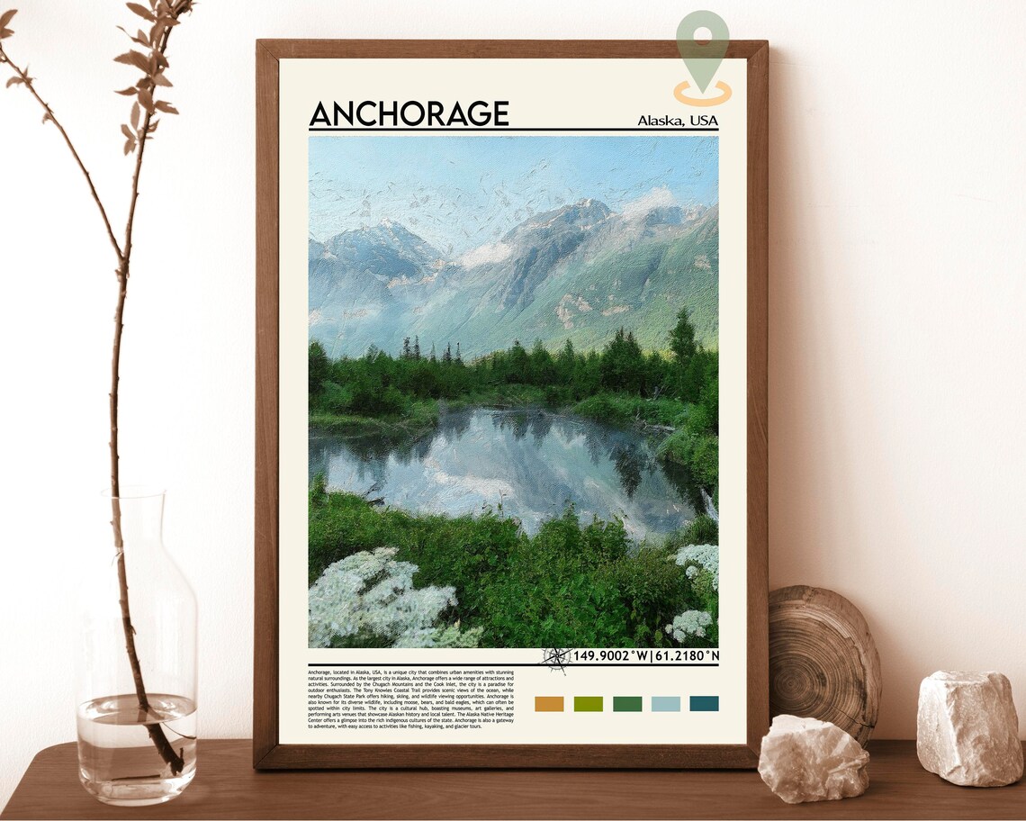 Anchorage Alaska Mountain Lake Reflection Painting Travel Poster