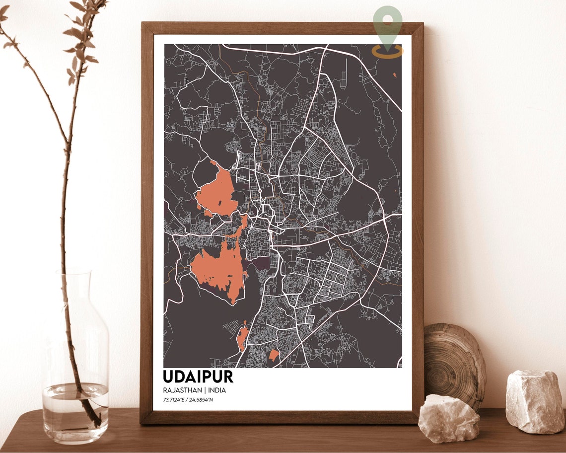 Udaipur India Navy Blue Lakes Modern City Street Map Design Poster - Image 4