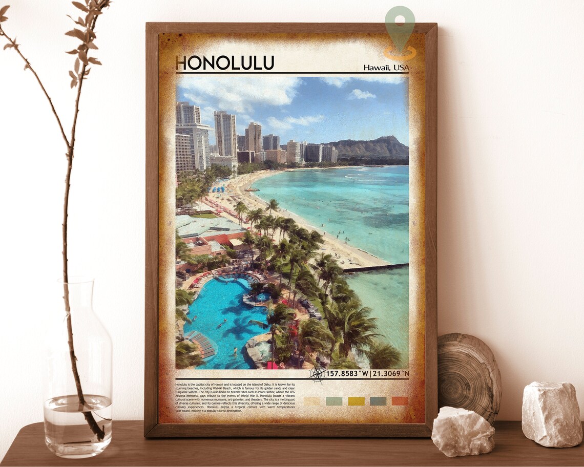 Honolulu Hawaii Waikiki Beach Diamond Head Travel Poster Surf - Image 6