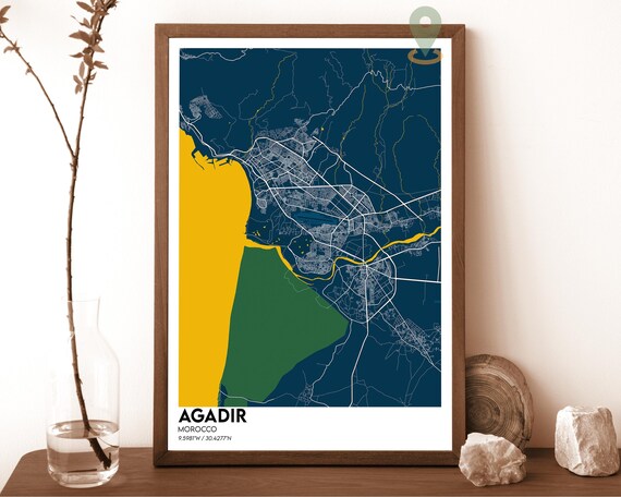 Agadir Morocco Navy Blue Yellow Minimalist City Map Wall Art