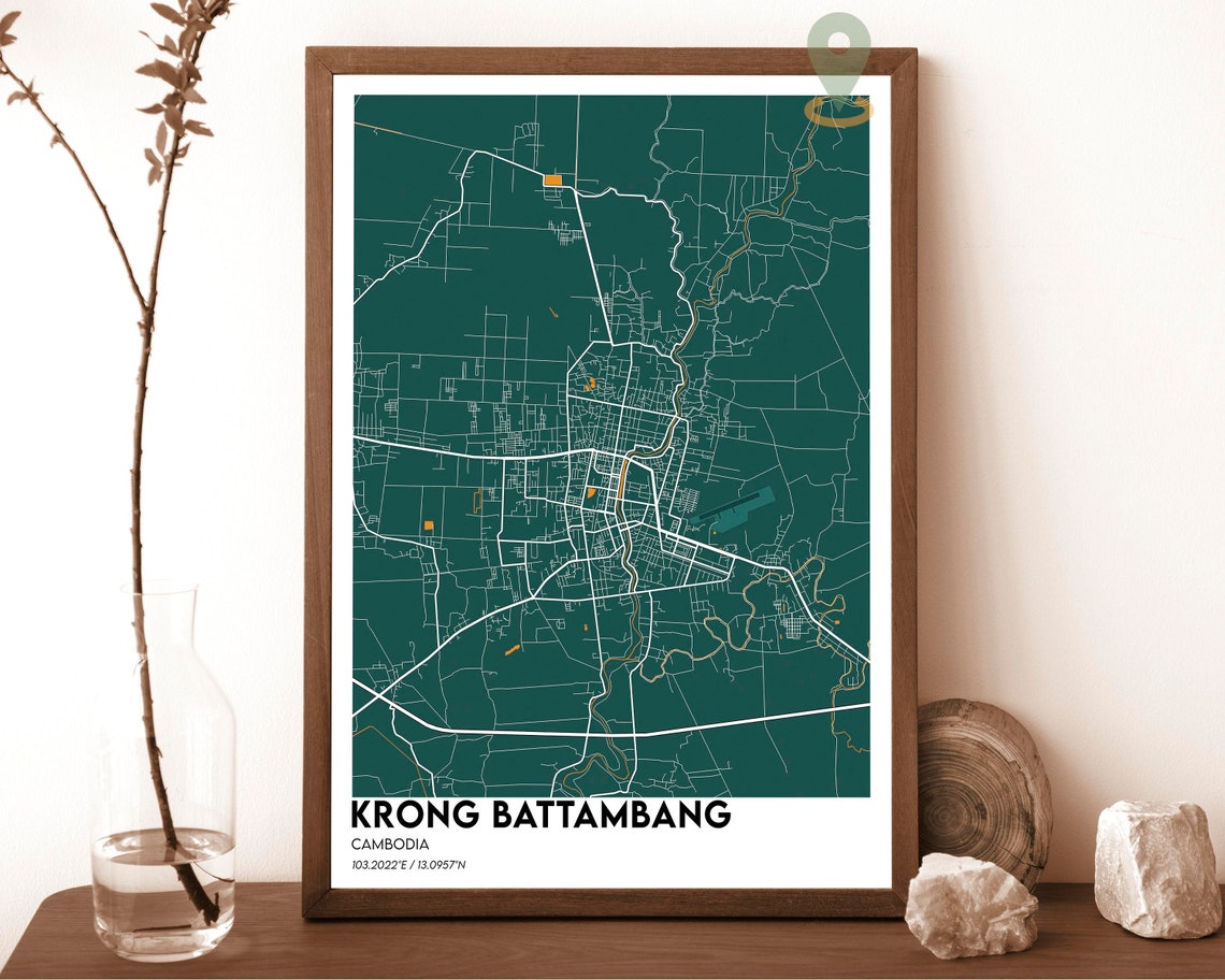 Krong Battambang Cambodia Emerald Green City Street Map Poster