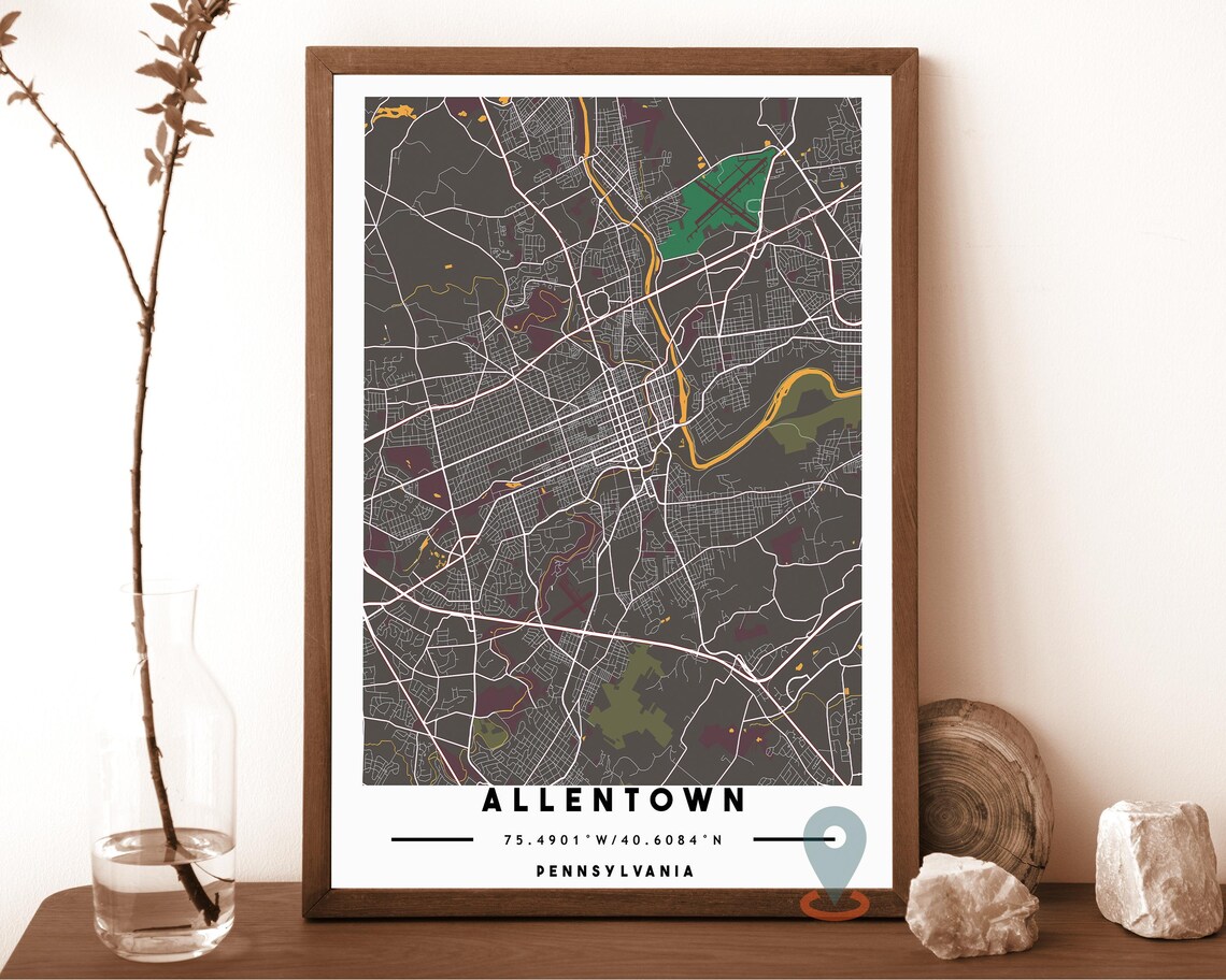 Allentown Pennsylvania warm beige with brown streets Street Map Coordinates Poster - Image 4