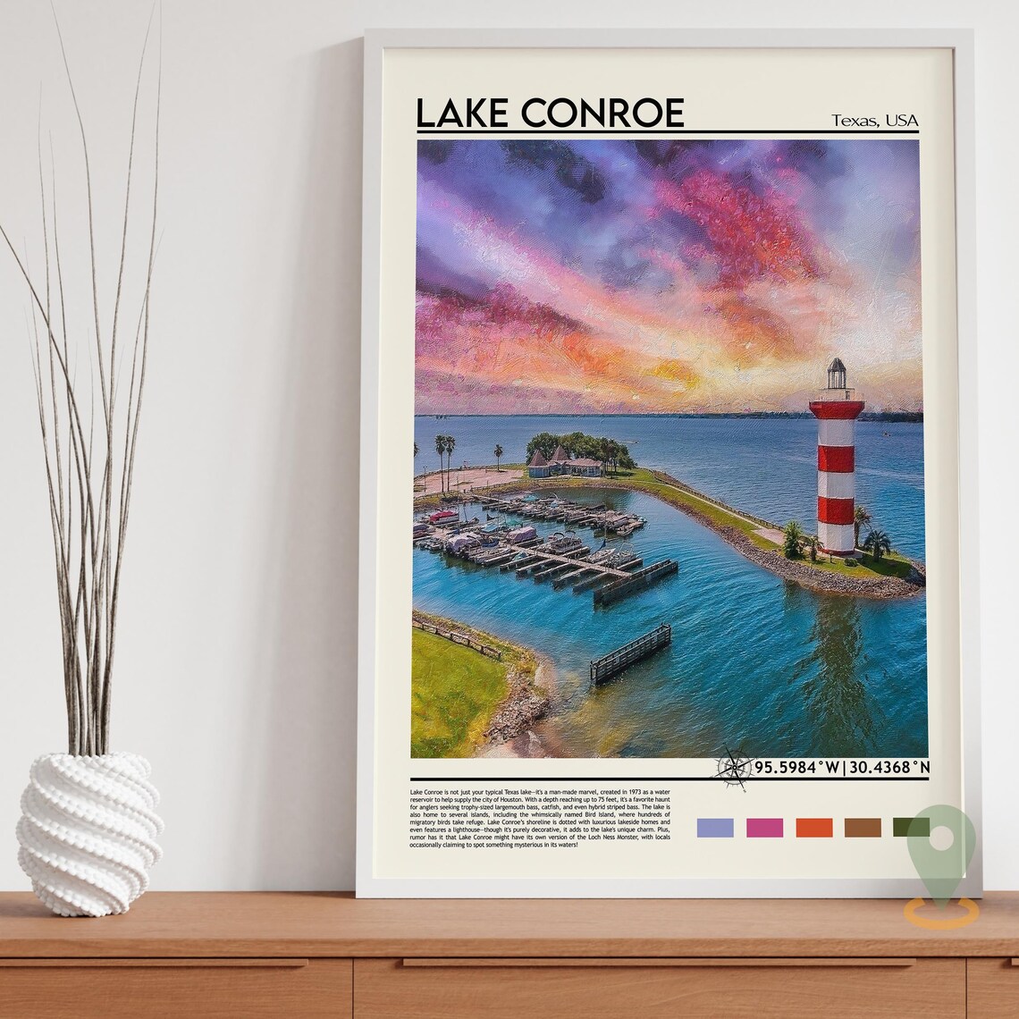 Lake Conroe Texas Sunset Marina Lighthouse Oil Painting Travel Poster - Image 4