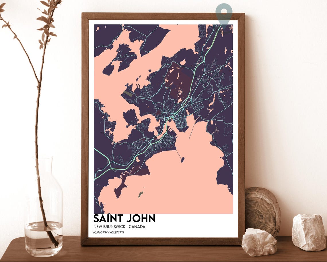 Saint John New Brunswick Canada Navy Gold City Map Home Decor Poster - Image 3