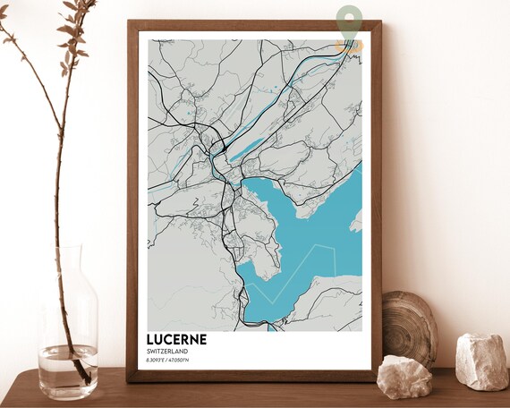 Lucerne Switzerland Lakeside City Street Map Modern Travel Poster