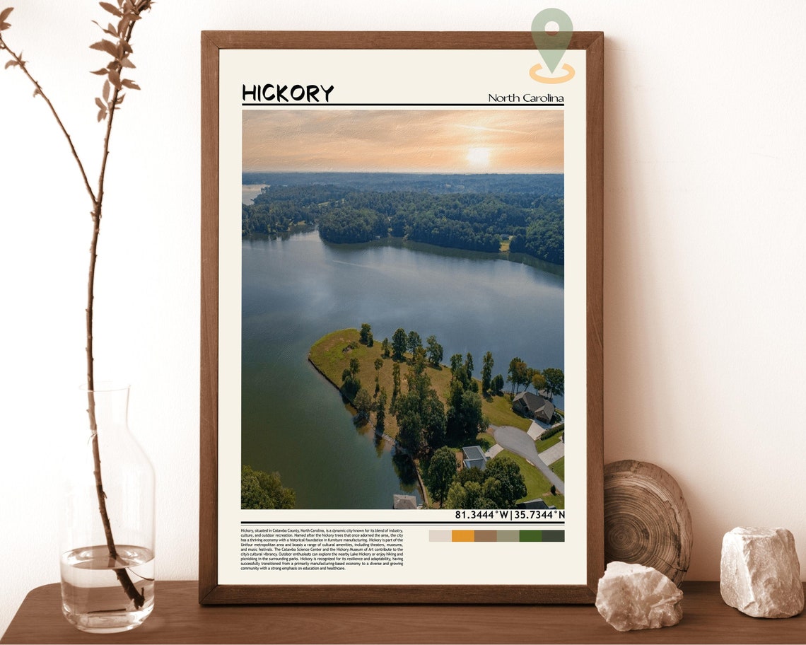 Hickory North Carolina Lake Sunset Aerial View Travel Poster