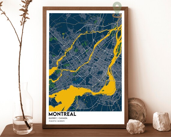 Montreal Quebec Canada Street Map Art Poster Gold Navy Decor