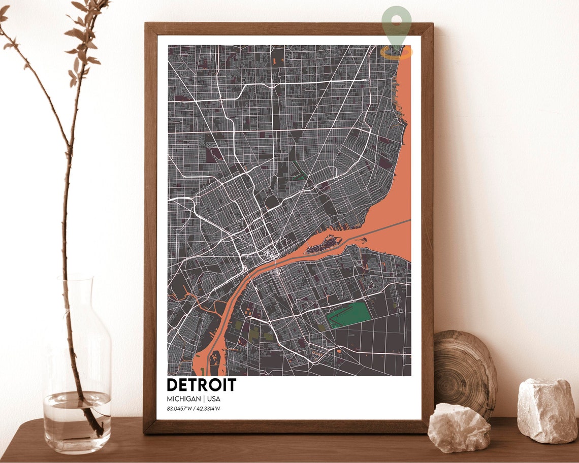 Detroit Michigan Crimson Red River City Map Modern Art Poster - Image 3