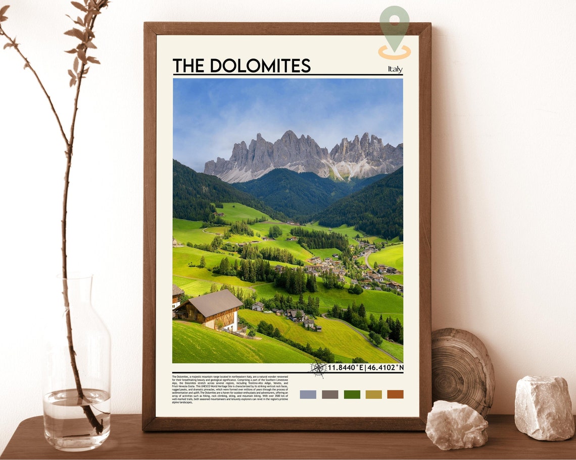 The Dolomites Italy Alpine Valley Peaks Meadow Travel Poster