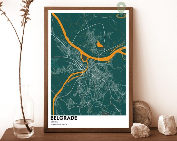 Belgrade Serbia Emerald Green Danube River City Map Decor Poster