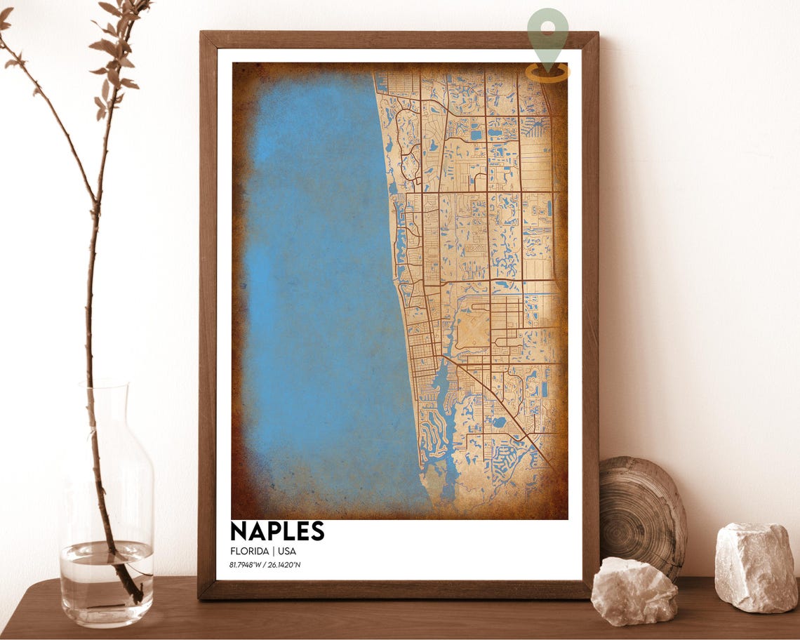 Naples Florida Striking Cream Teal Coastal City Map Art Poster - Image 2