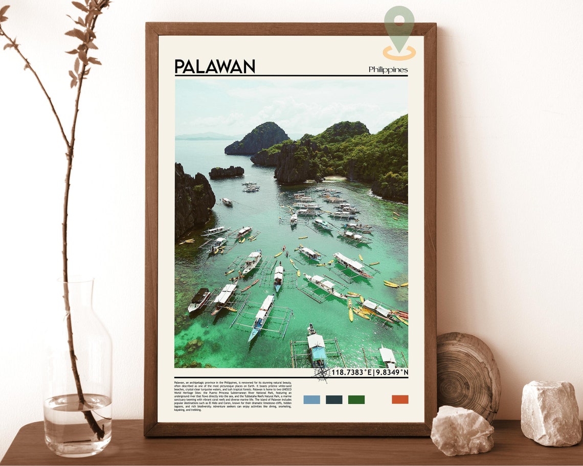 Palawan Philippines Turquoise Lagoon Outrigger Boats Travel Poster
