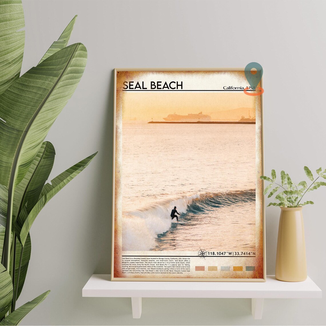 Seal Beach California Surfer Riding Golden Sunset Wave Poster - Image 2