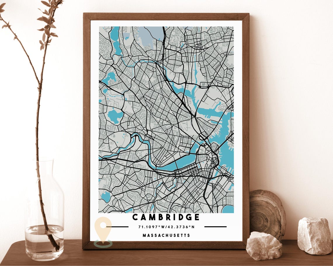 Cambridge Massachusetts City Street Map Gray Blue Poster Decor