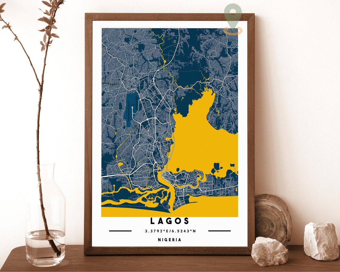 Lagos Nigeria charcoal with bold orange water Street Map Coordinates Poster - Image 6