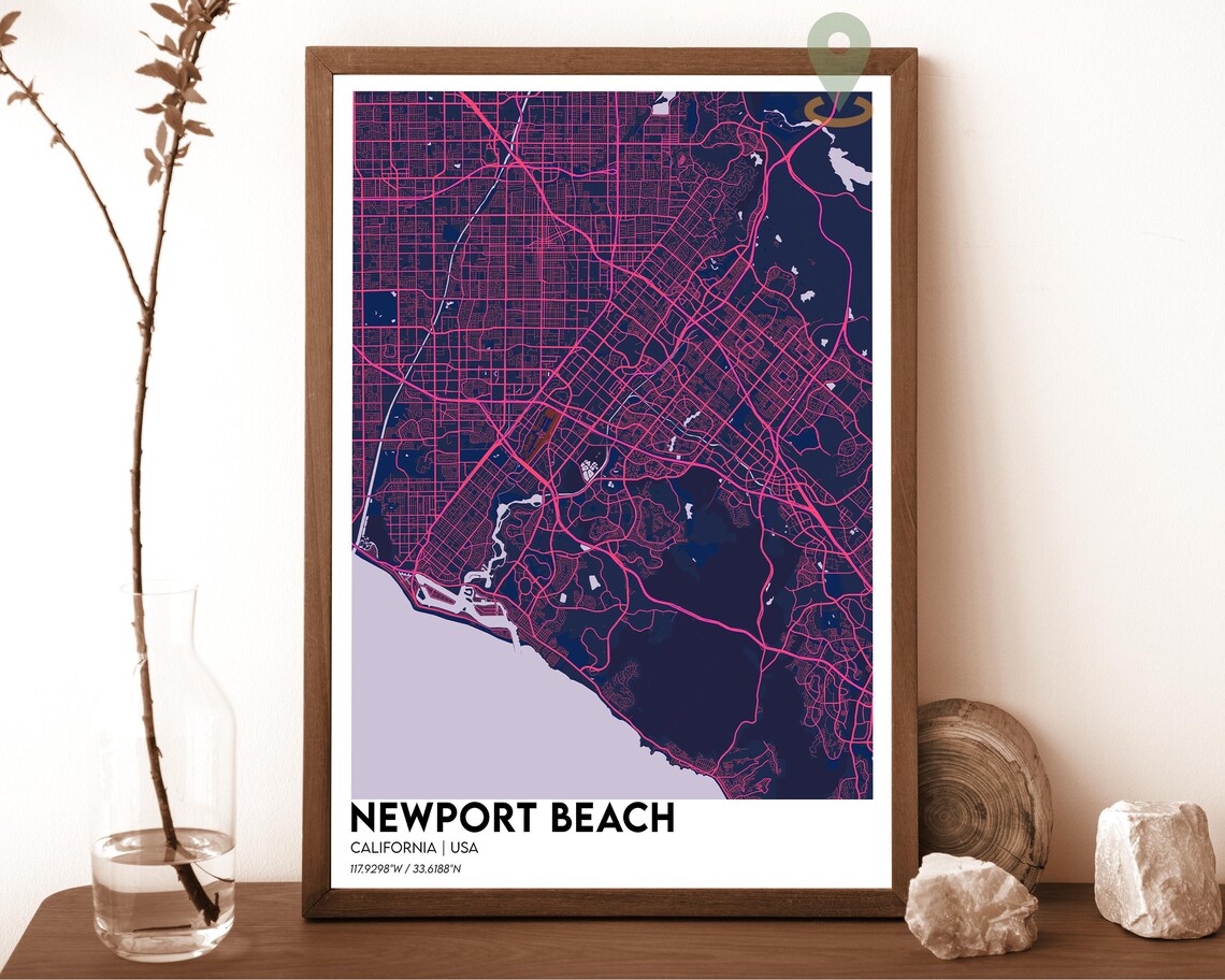 Newport Beach California USA Teal Orange Coastal Map Art Poster - Image 2