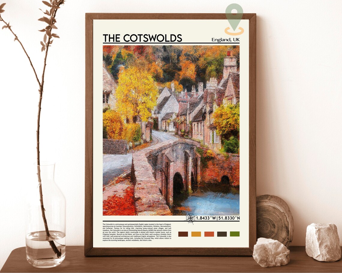 The Cotswolds England Autumn Village Stone Bridge Travel Poster