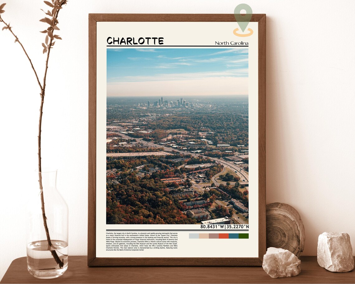 Charlotte North Carolina Aerial Skyline Autumn Trees Photo Poster