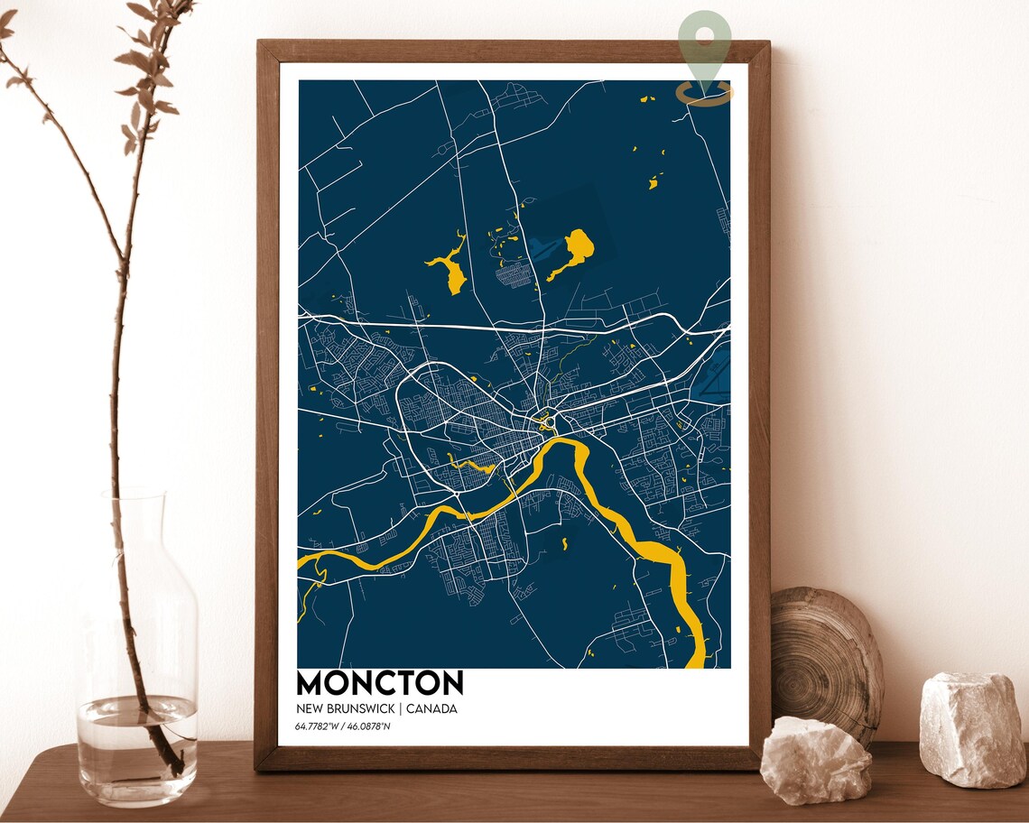 Moncton New Brunswick Canada light grey with a blue river Street Map Coordinates Poster - Image 6