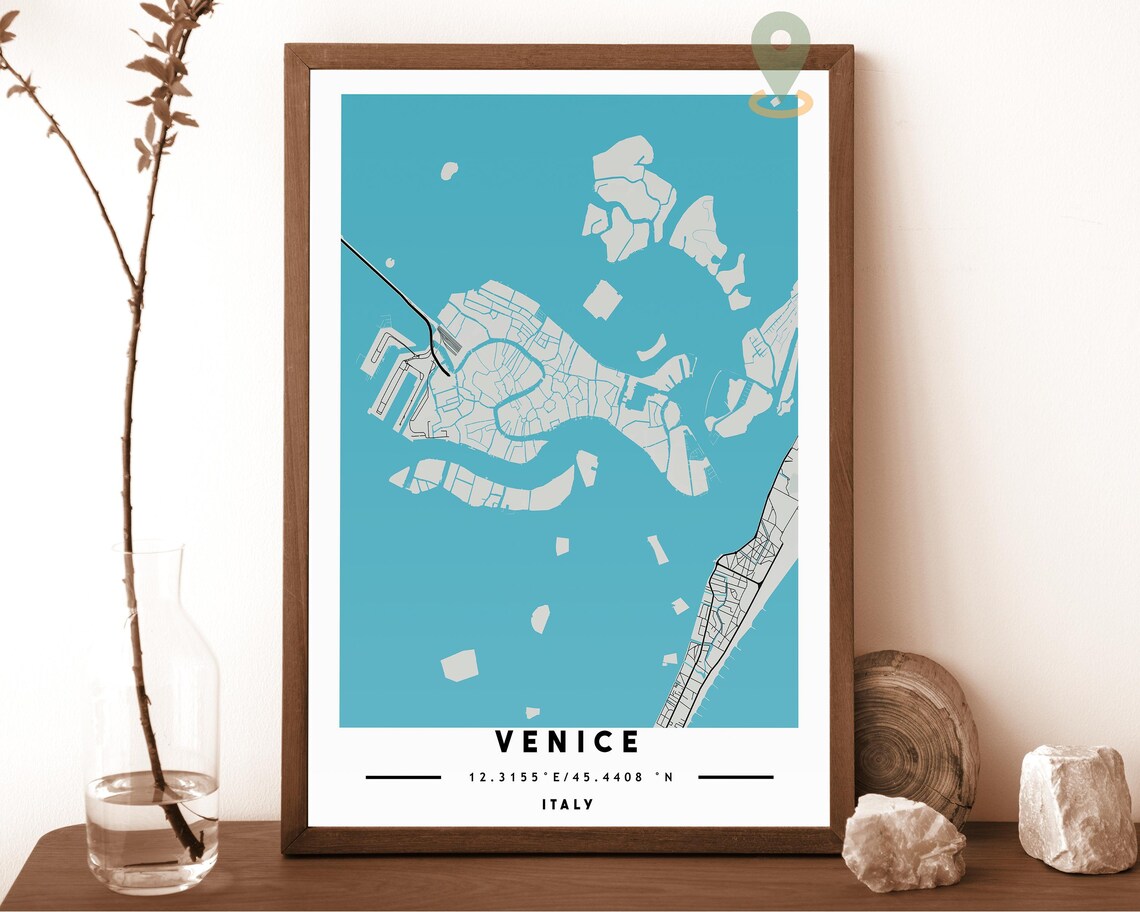 Venice Italy turquoise with black lagoon islands Street Map Coordinates Poster - Image 3
