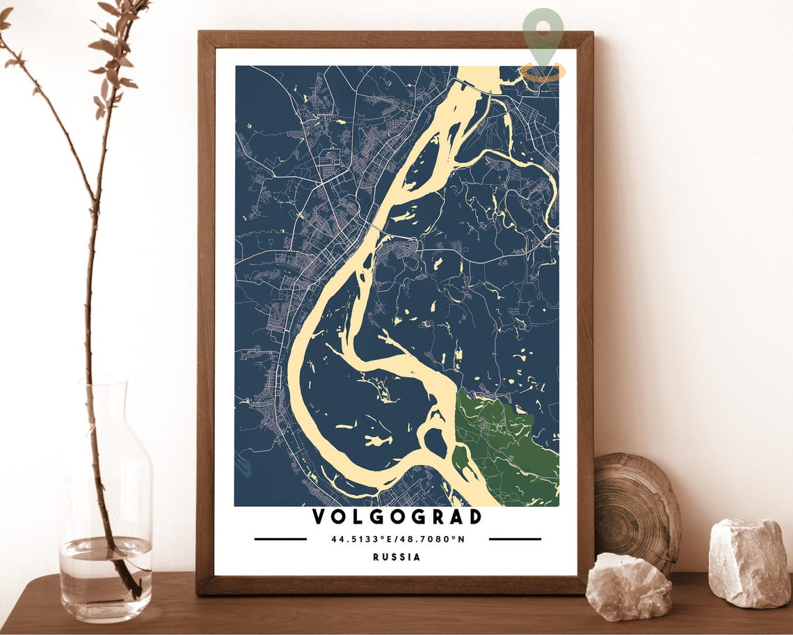 Volgograd Russia Navy Gold River Bend Street Map Bold Wall Art - Image 2