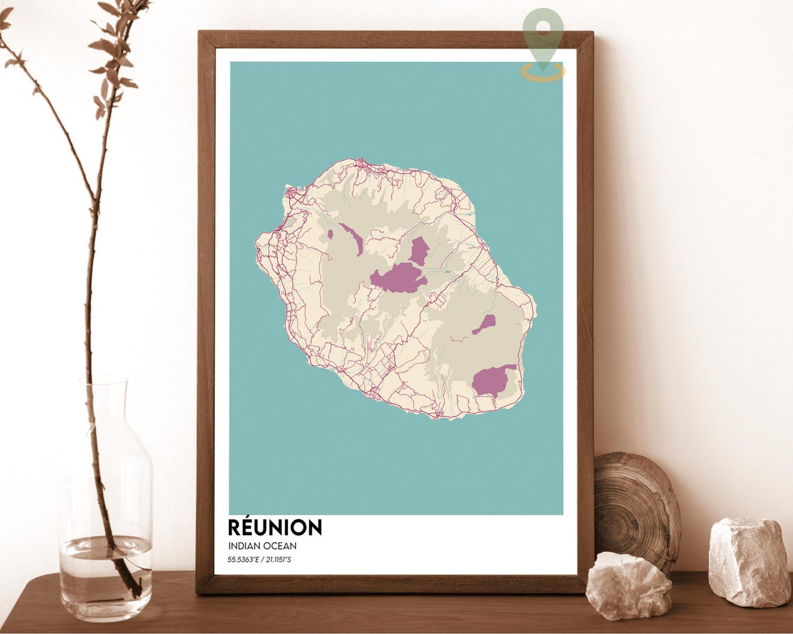 Réunion Indian Ocean Cream Minimalist Island Map Poster on Teal