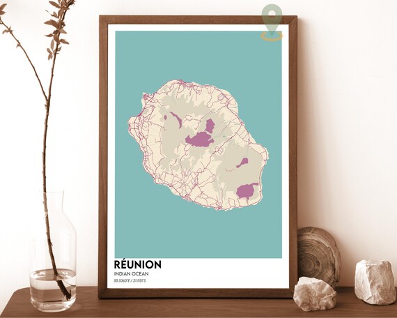 Réunion Indian Ocean Cream Minimalist Island Map Poster on Teal