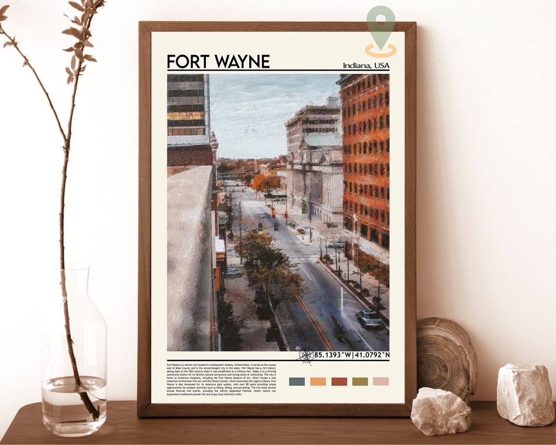 Fort Wayne Indiana Downtown Street City View Coordinate Travel Poster