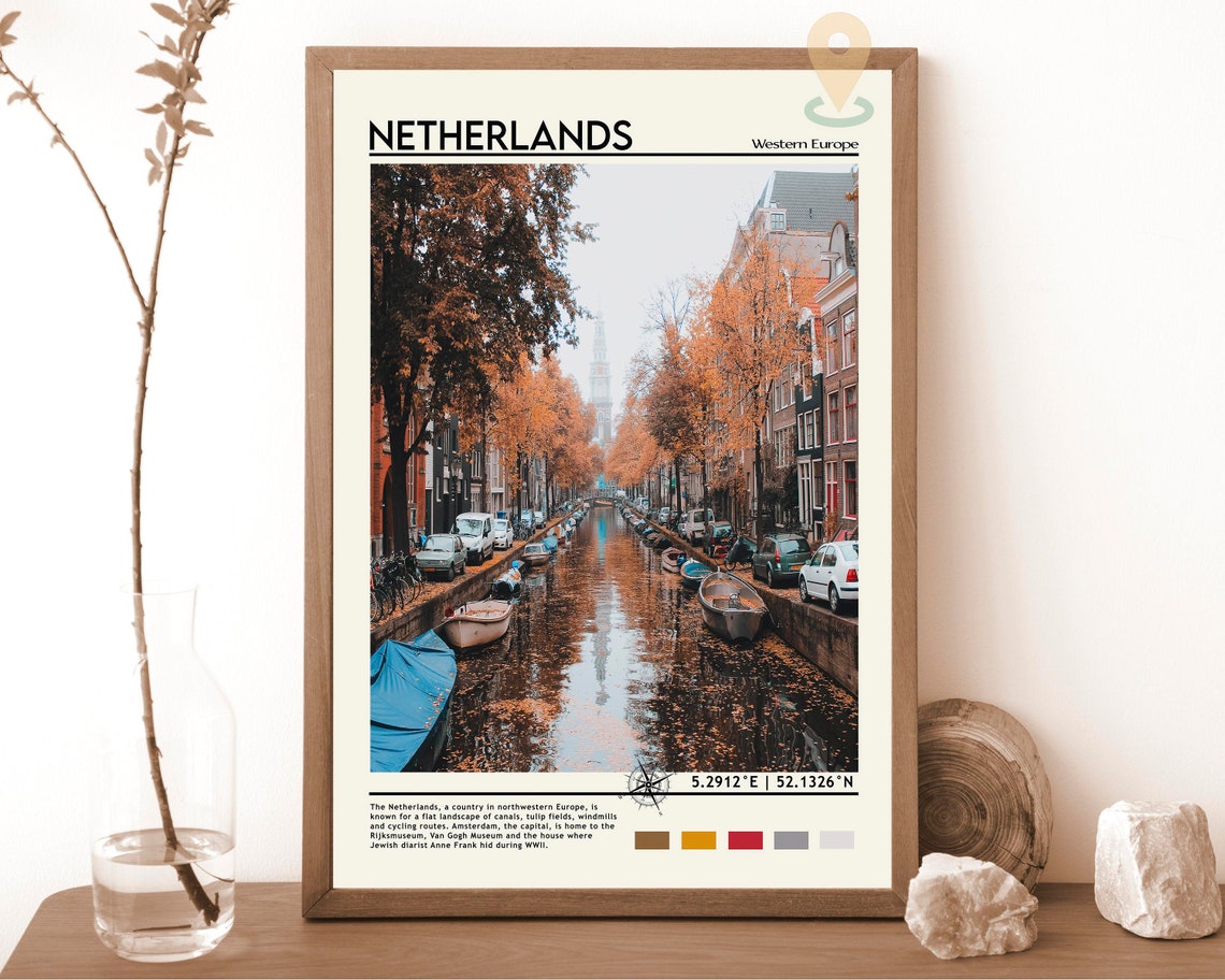Netherlands Autumn Canal Boat Scene Vintage Travel Art Poster