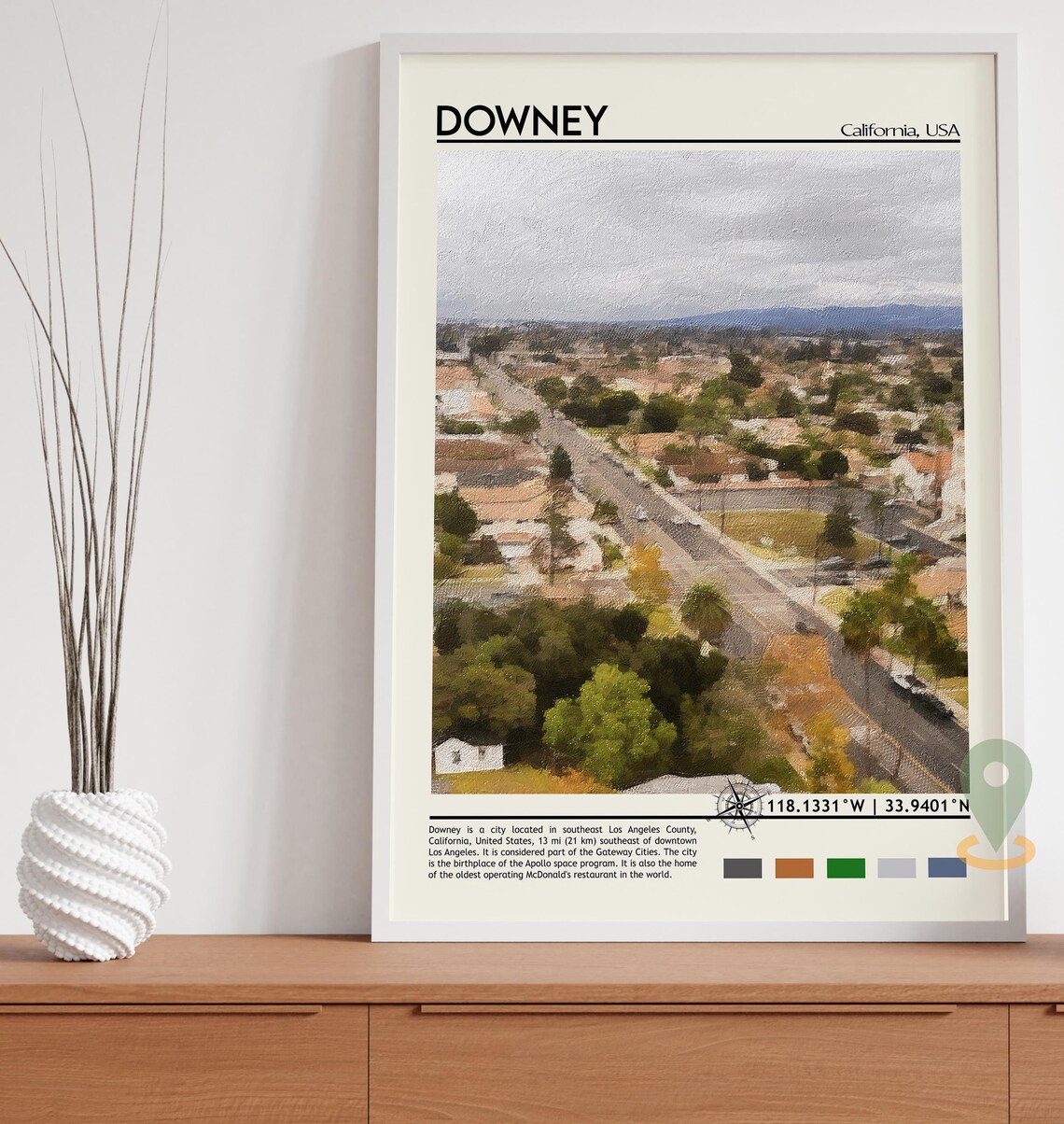 Downey California Aerial City View Watercolor Suburban Poster - Image 3