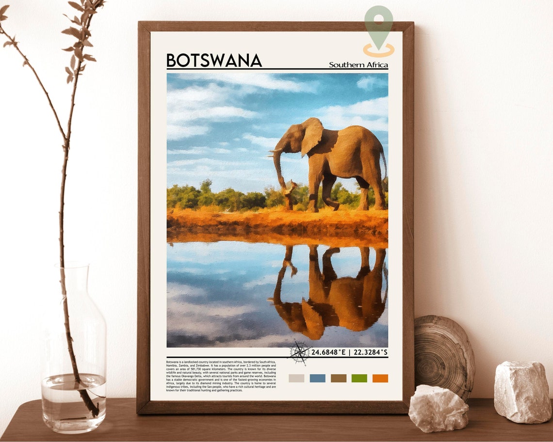 Botswana Southern Africa Elephant Waterhole Reflection Travel Poster