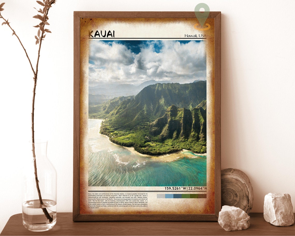 Kauai Hawaii Aerial Emerald Cliffs Ocean Coast Travel Poster - Image 6