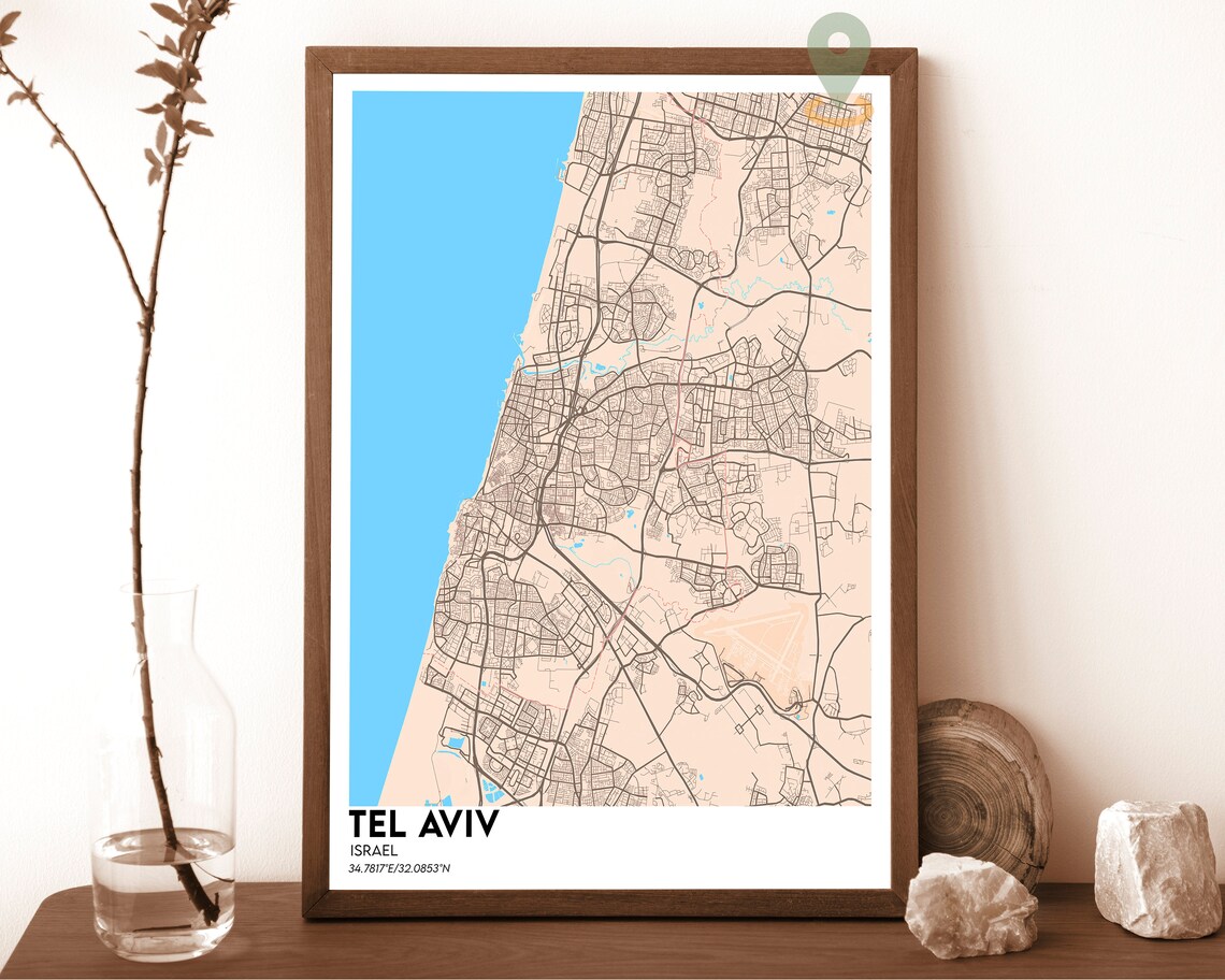 Tel Aviv Israel Coastal Downtown City Grid Gray Map Art Poster - Image 4