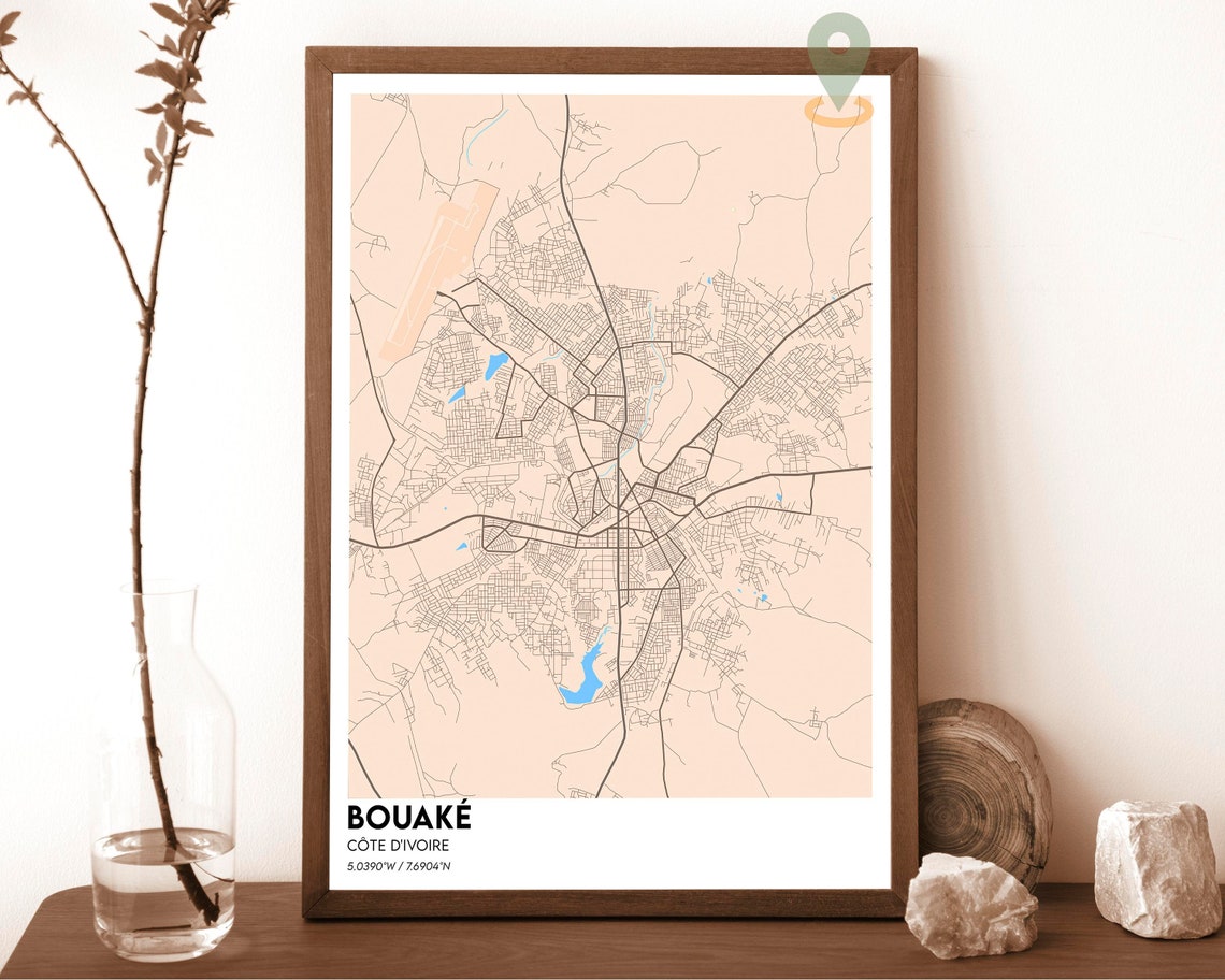 Bouake Cote dIvoire Navy Pink Street City Map Modern Wall Art - Image 4