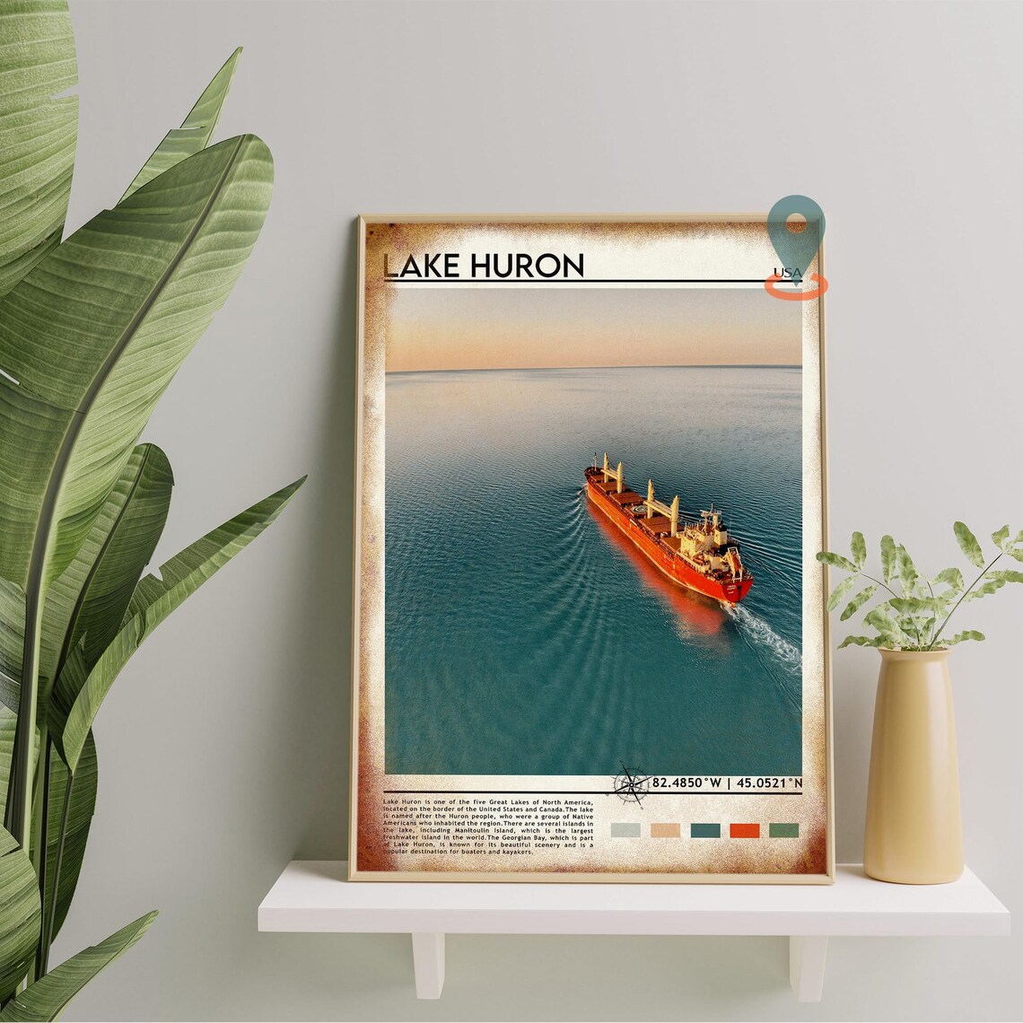 Lake Huron Great Lakes Red Freighter Ship Aerial Photo Poster - Image 2