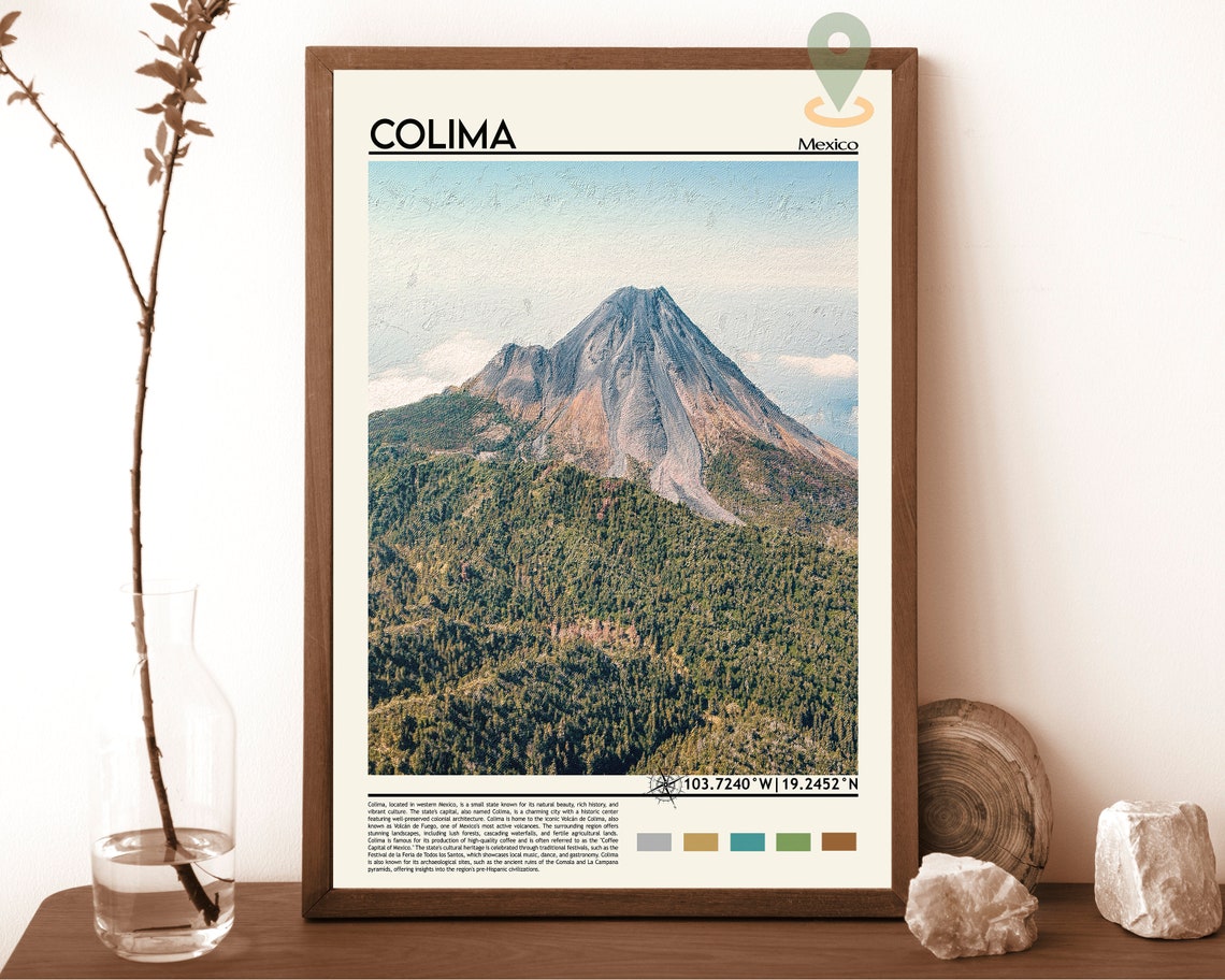 Colima Mexico Volcano Peak Green Mountain Landscape Travel Poster