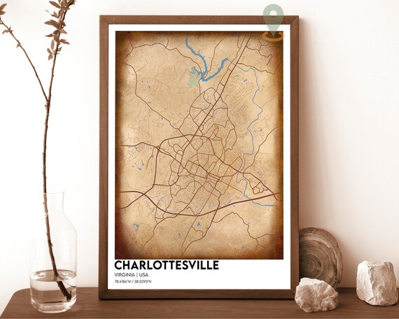 Charlottesville Virginia Vintage Sepia Tone City Street Map Art Print
