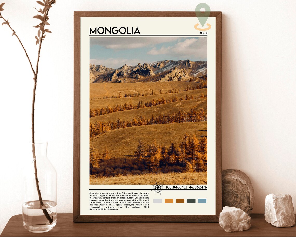 Mongolia Asia Autumn Steppe Golden Rolling Hills Nature Travel Poster