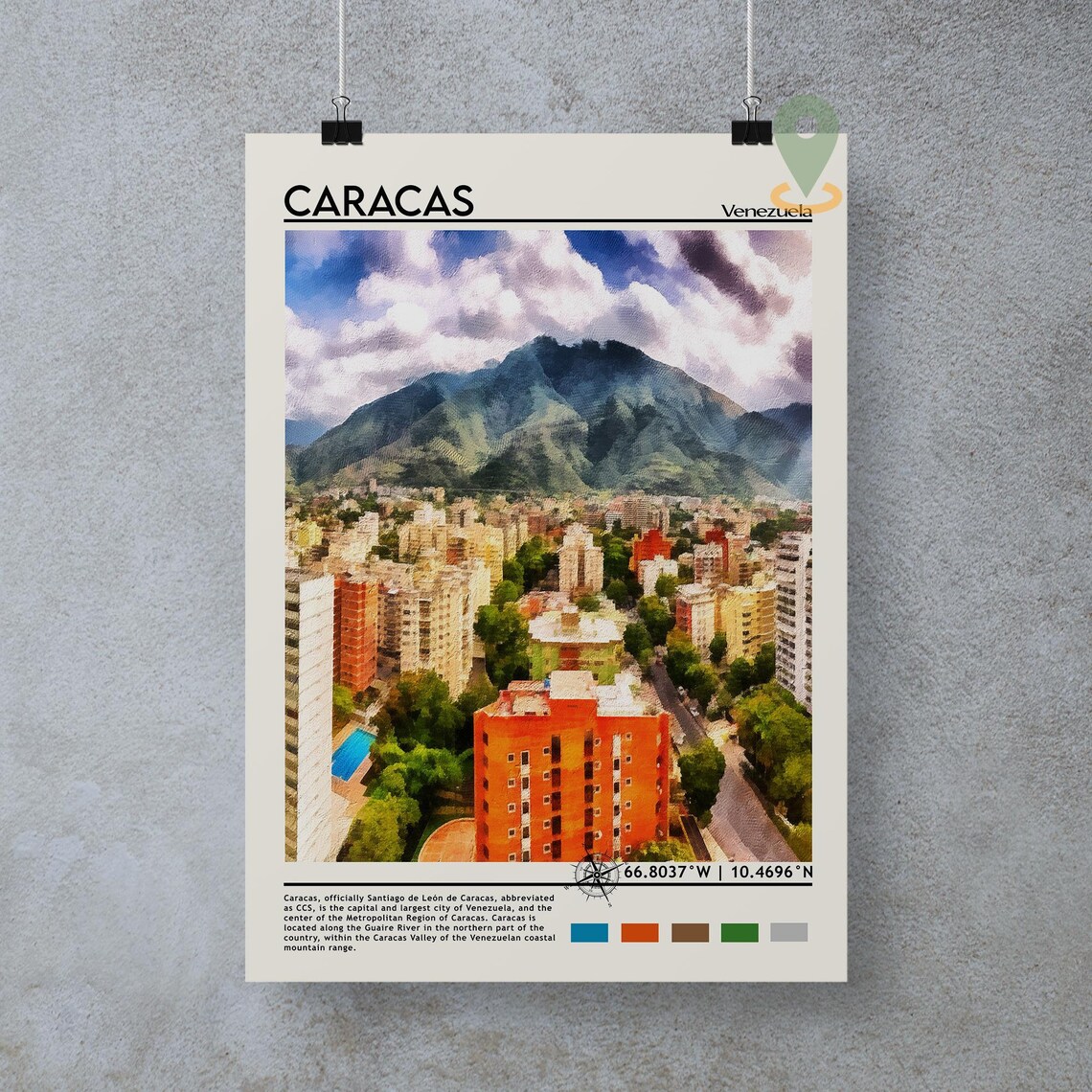 Caracas Venezuela Cityscape Green Mountain Valley Travel Poster - Image 3