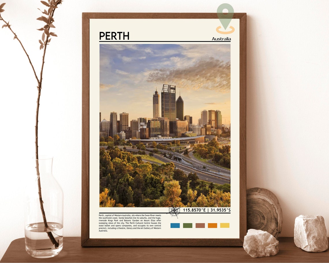 Perth Australia Sunset Skyline Over Swan River Travel Poster