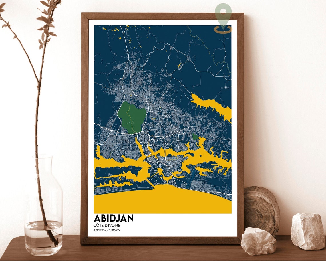 Abidjan Ivory Coast Modern City Map Poster Navy Gold Style Art