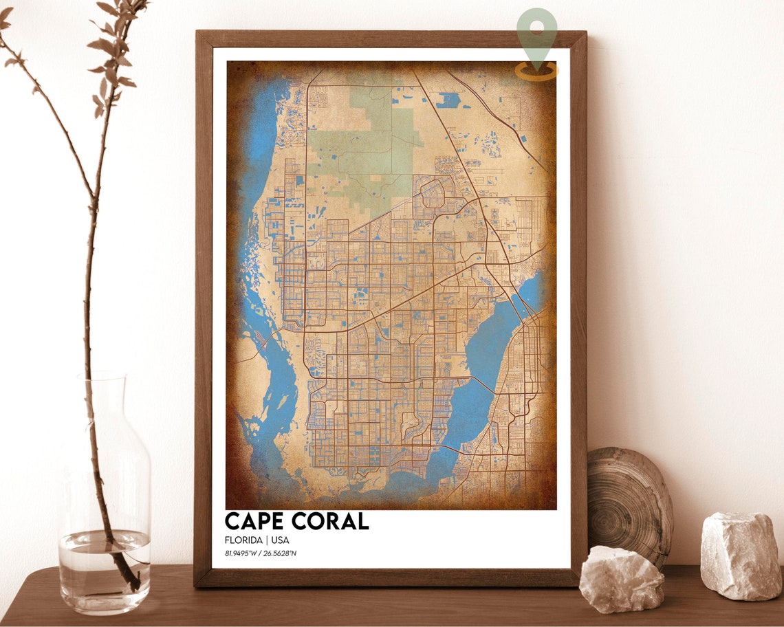 Cape Coral Florida City Map Poster Navy Yellow Coastal Art Style - Image 2