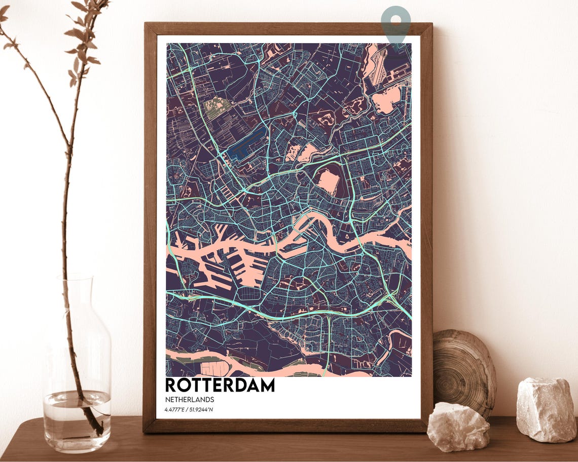 Rotterdam Netherlands Dark Cyan Harbor City Map Home Decor Poster - Image 3